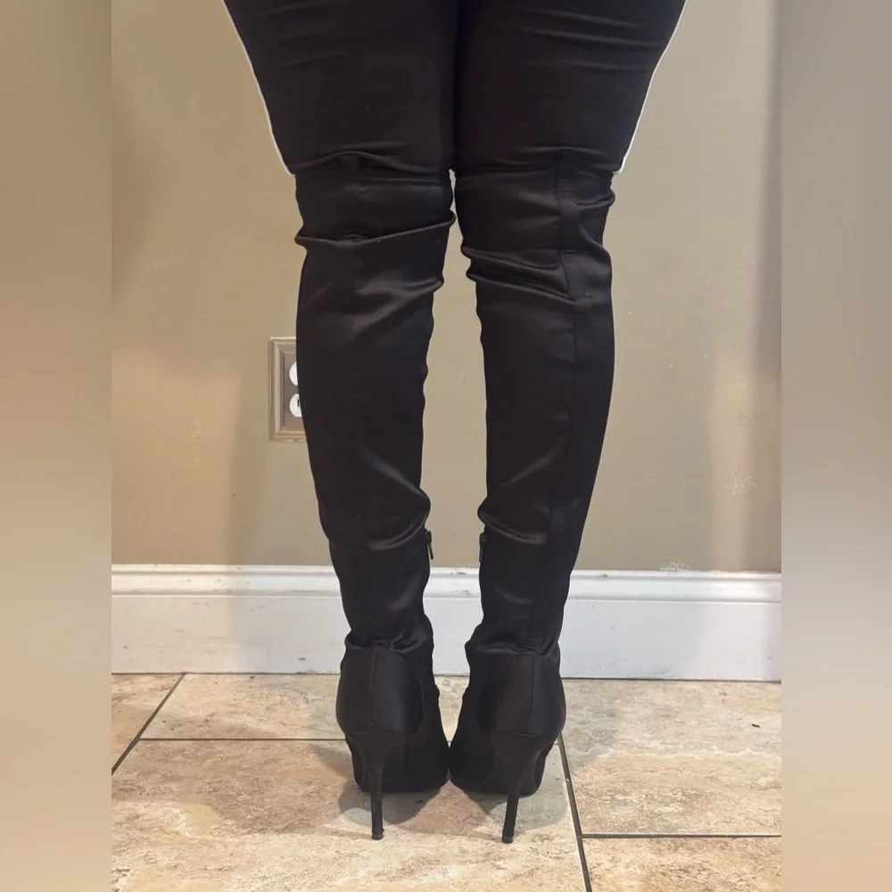 Nine West Elegant Black Satin-like Over the Knee Boots